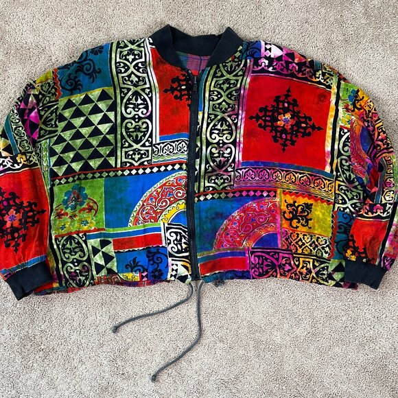 Hippie Jacket Womens Multicolor Reversible Plaid Bohemian Cropped Zip Blade - Picture 1 of 9